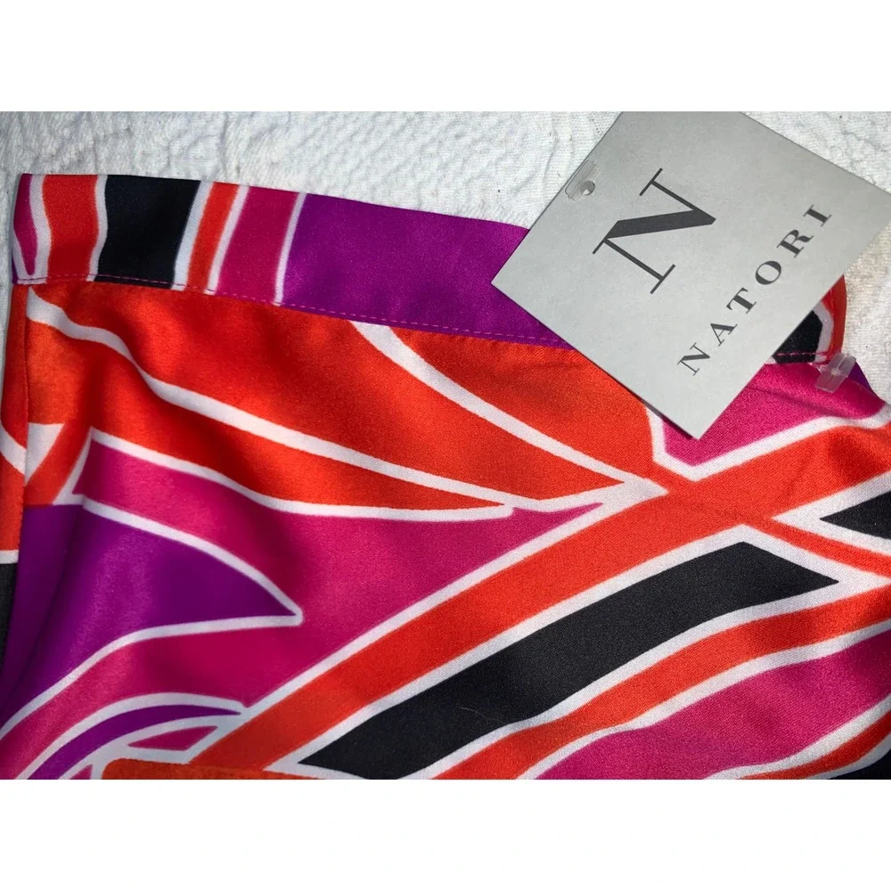 Natori Womens Pajama Set Pink Orange Abstract Floral Satin Button Top Pants S